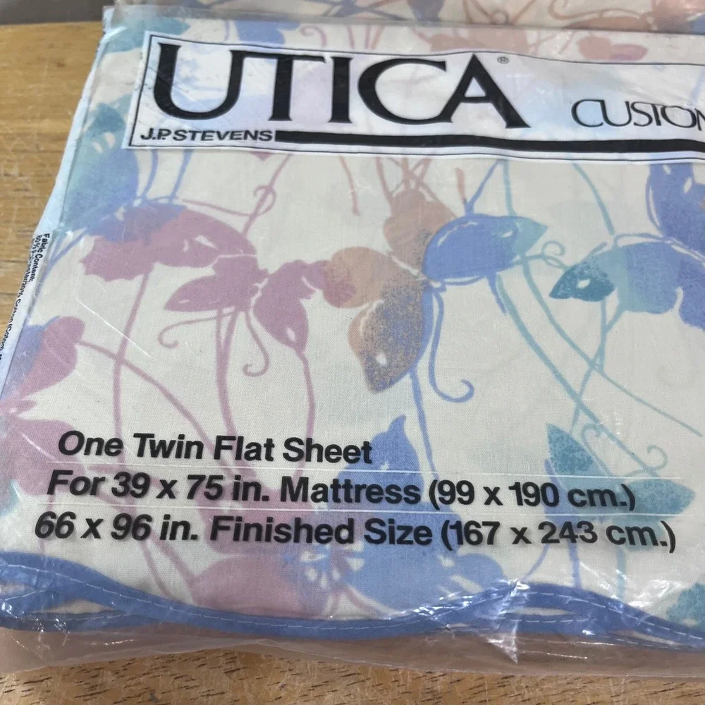 Vtg Utica J.P. Stevens Twin Sheet Set Butterfly Breeze Blue Purple Cream NOS